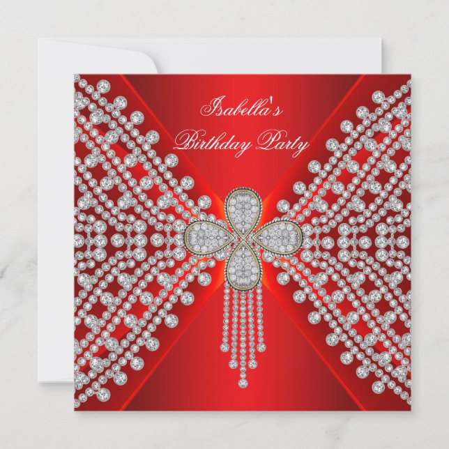 Invitación Cumpleaños Rojo Fiesta Imagen Diamante Plateado Bl (Anverso)