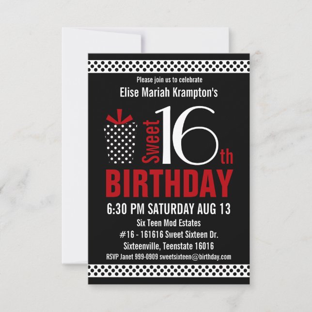 Invitación Cumpleaños rojo negro del dulce 16 de Polkadots (Anverso)