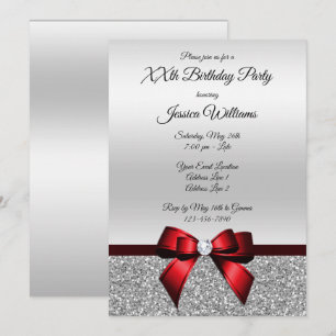 Invitación Cumpleaños rojo romántico del purpurina del arco y