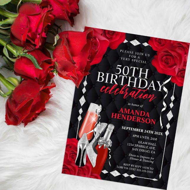Invitación Cumpleaños rojo y plateado de las mujeres (Subido por el creador)