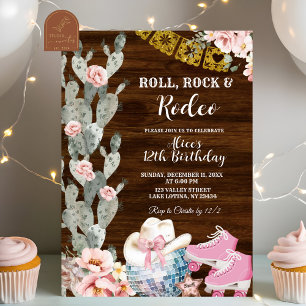 Invitación Cumpleaños Roll, rock y rodeo de madera rústica