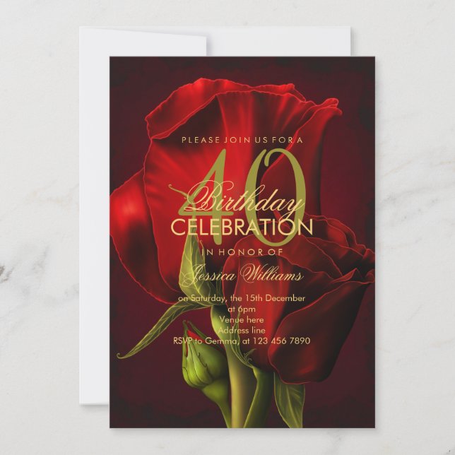 Invitación Cumpleaños Romántico de la Rosa Roja (Anverso)