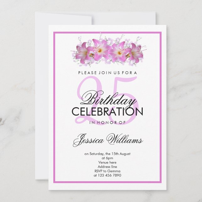 Invitación Cumpleaños Romántico de Lirios Belladonna (Anverso)