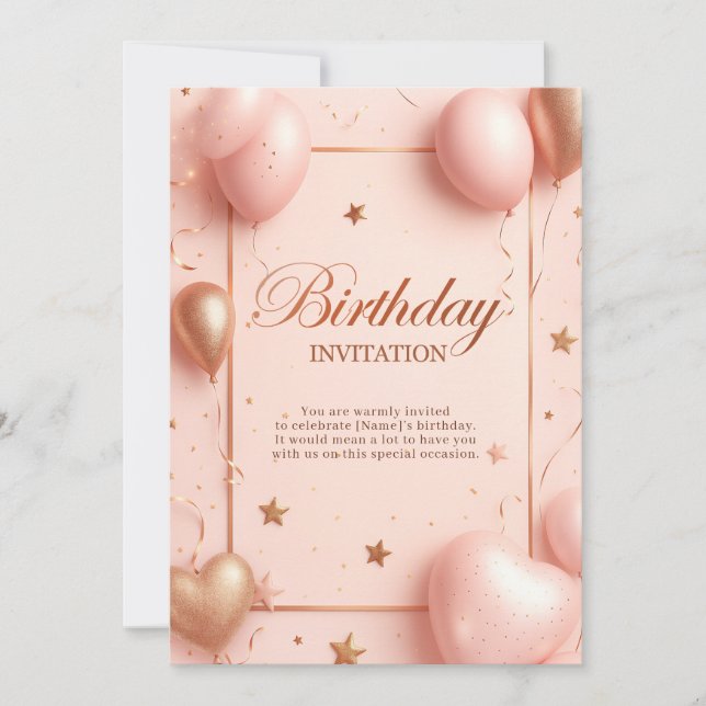 Invitación Cumpleaños Romántico Rosa (Anverso)