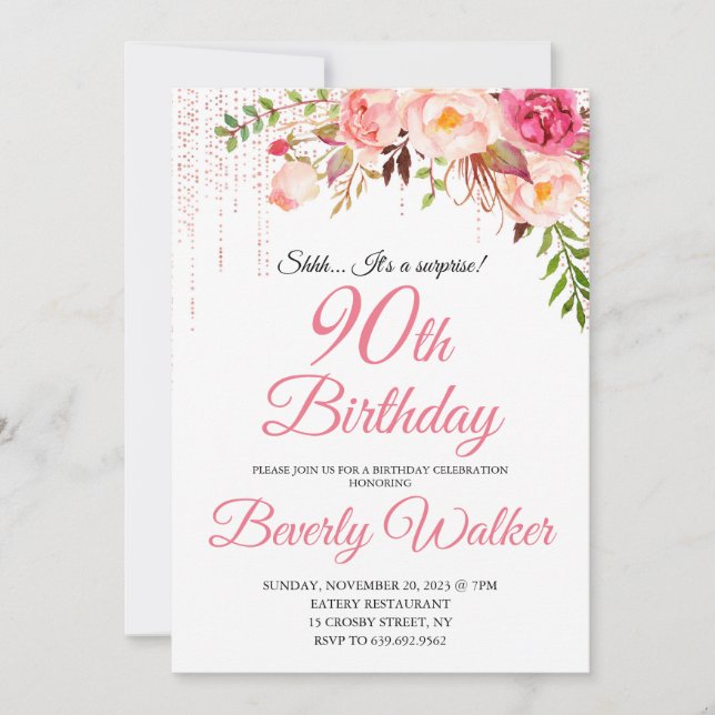 Invitación Cumpleaños Rosa 90.ª Sorpresa Floral (Anverso)