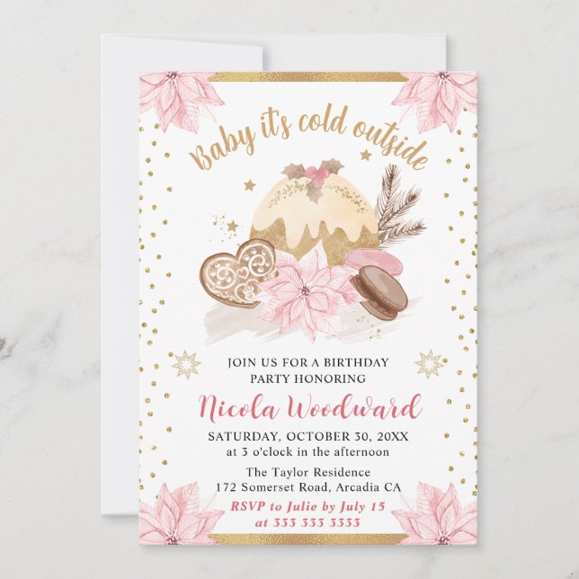 Invitación Cumpleaños Rosa Bebé Hace Frío Afuera (Anverso)