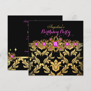 Invitación Cumpleaños Rosa Brillante Oro Negro Damasco 2