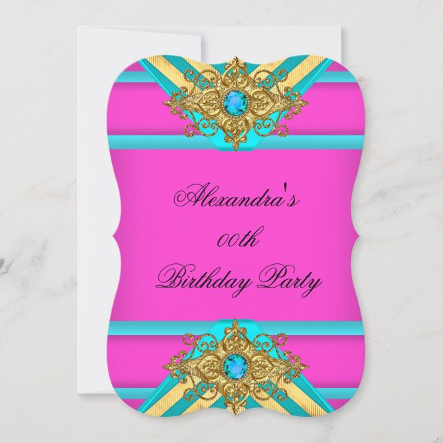 Invitación Cumpleaños Rosa Brillante Turquesa Dorado Rayado J (Anverso)