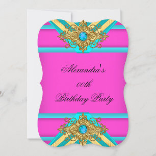 Invitación Cumpleaños Rosa Brillante Turquesa Dorado Rayado J