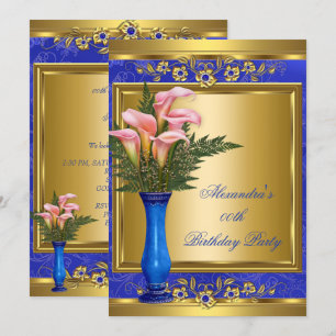 Invitación Cumpleaños Rosa Callie Azul Real Perla Dorado 2