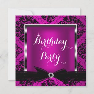 Invitación Cumpleaños Rosa Ciruela Damasco Plateado Negro 2