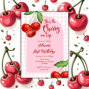 Invitación Cumpleaños rosa Coquette Cherry on top Girl 1st