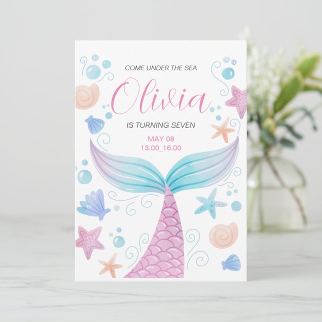 Invitación Cumpleaños rosa de la Sirenita bajo el mar (Anverso de pie)