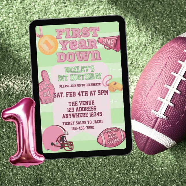 Invitación Cumpleaños rosa de primer año de fútbol americano (Subido por el creador)