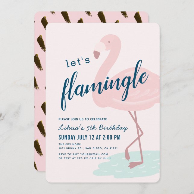 Invitación Cumpleaños rosa del Chica de Framingo Flamingle (Anverso / Reverso)