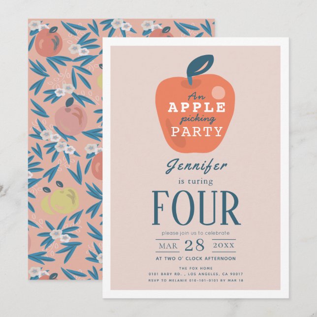 Invitación Cumpleaños rosa del Chica de selección de Apple (Anverso / Reverso)