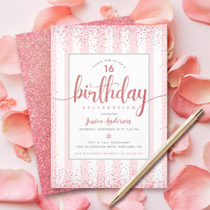 Invitación Cumpleaños rosa dorado purpurina guión personaliza