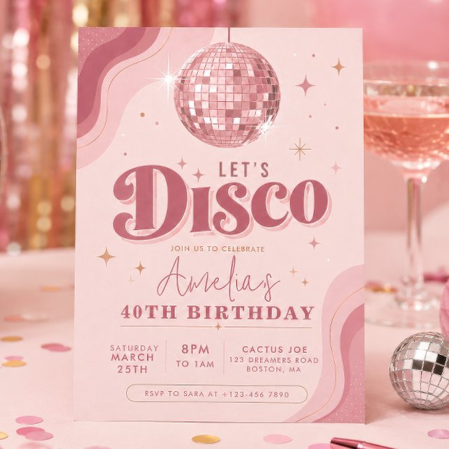Invitación Cumpleaños Rosa Dorado Retro Disco (Subido por el creador)