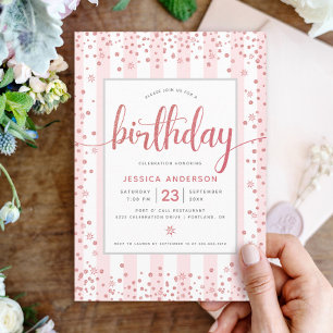 Invitación Cumpleaños rosa dorado rojizo brillo guión chic