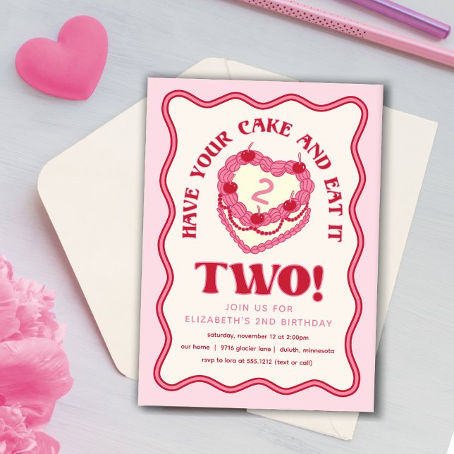 Invitación Cumpleaños Rosa Femenino Ten tu Pastel y Cómetelo  (Have Your Cake and Eat it Two Birthday Invitation)