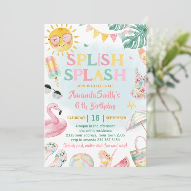 Invitación Cumpleaños Rosa Fiesta de Piscina Splish Splash Gi (Anverso de pie)