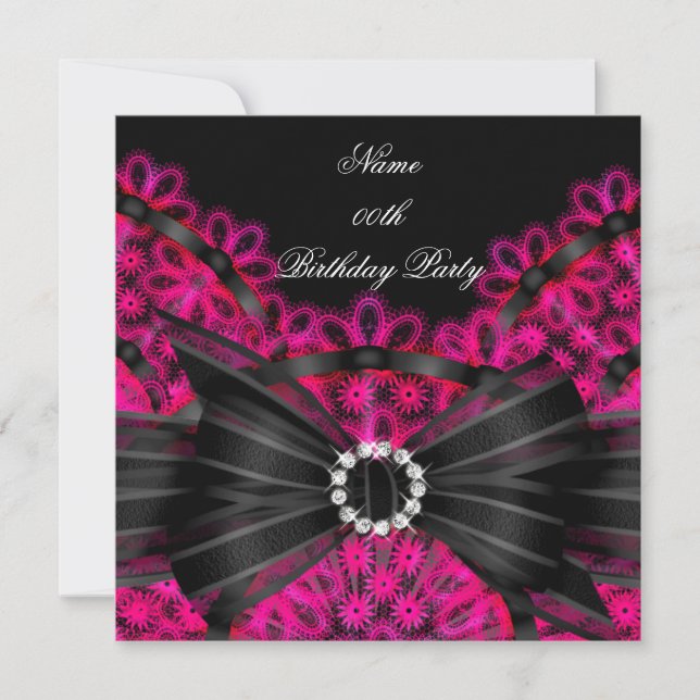 Invitación Cumpleaños Rosa Fiesta Encaje Negro Diamante (Anverso)