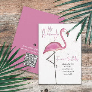 Invitación Cumpleaños Rosa Flamenco Lindo Código QR Redes Soc