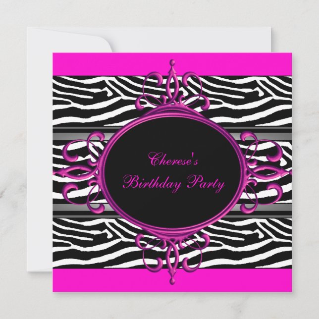 Invitación Cumpleaños Rosa Fuerte Negro Blanco Animal Cebra F (Anverso)