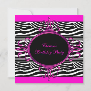 Invitación Cumpleaños Rosa Fuerte Negro Blanco Animal Cebra F