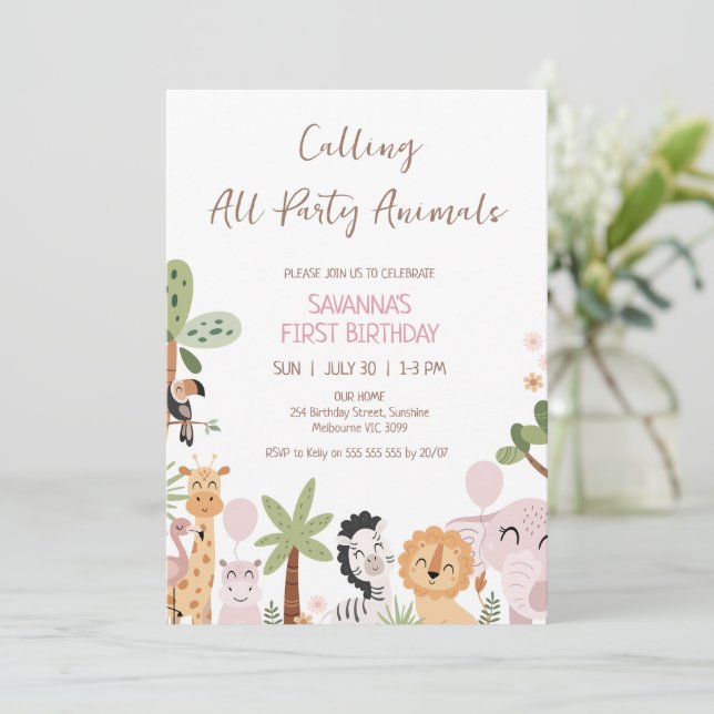 Invitación Cumpleaños Rosa Moderno Llamando a Todos los Anima (Anverso de pie)