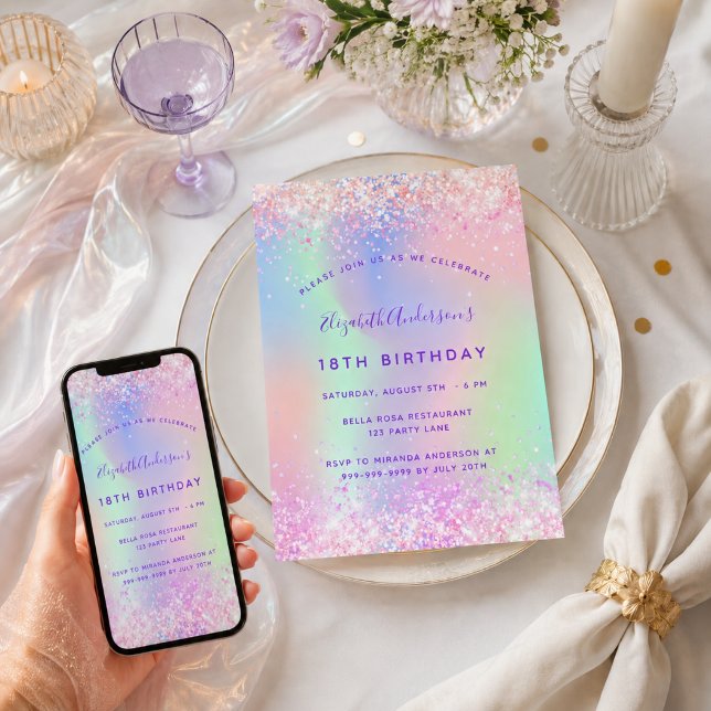 Invitación Cumpleaños rosa púrpura holográfico (Subido por el creador)