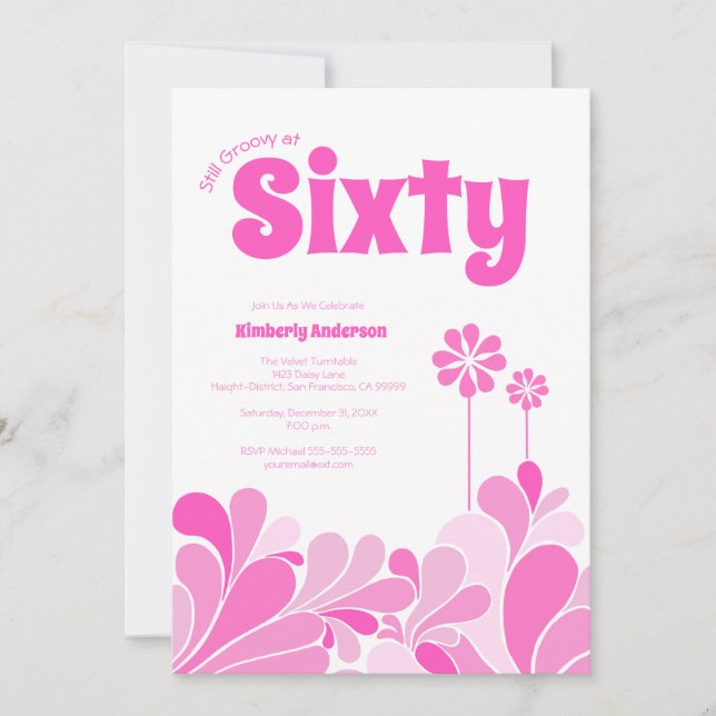 Invitación Cumpleaños Rosa Retro Mediados de Siglo Sesenta (Anverso)