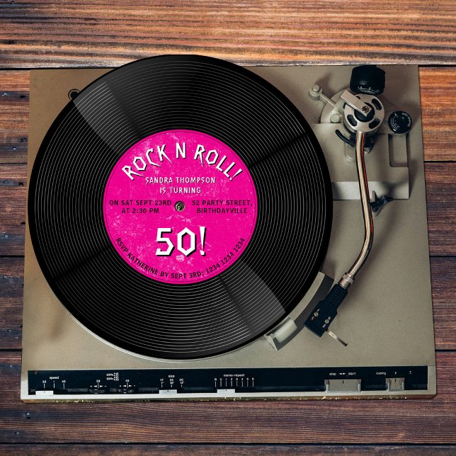Invitación Cumpleaños Rosa Rock N Roll Disco de Vinilo Retro (Retro Vinyl Record Rock N Roll Pink Birthday Invitation)