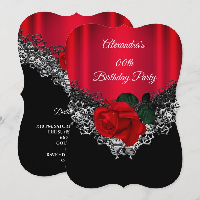 Invitación Cumpleaños Rosa Roja Encaje Negro Plateado (Anverso / Reverso)