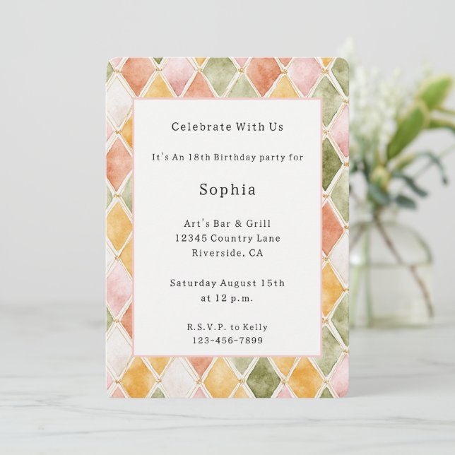 Invitación Cumpleaños Rosa Rubor Amarillo Verde Naranja Meloc (Anverso de pie)