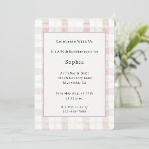 Invitación Cumpleaños Rosa Rubor Blanco Crema Cuadros Rayas
