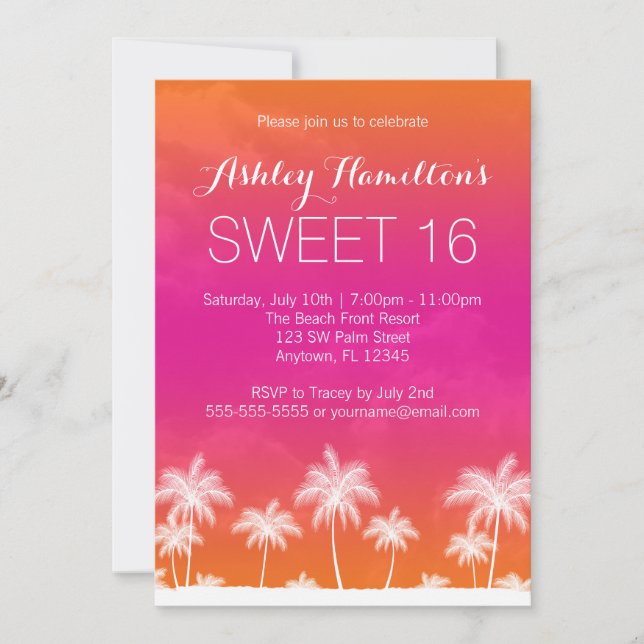 Invitación Cumpleaños rosado anaranjado tropical del dulce 16 (Anverso)