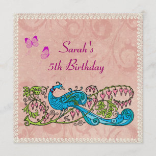 Invitación Cumpleaños rosado de encaje del pavo real del