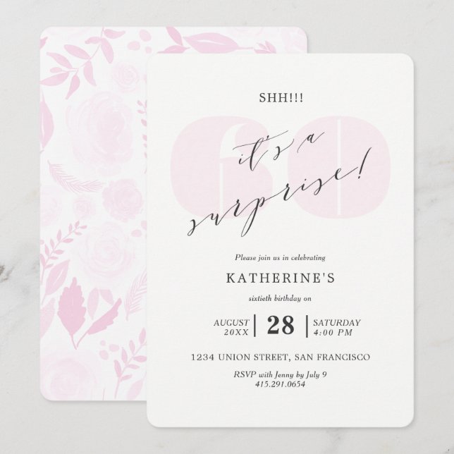 Invitación Cumpleaños rosado de la sorpresa de Rubor Champán (Anverso / Reverso)