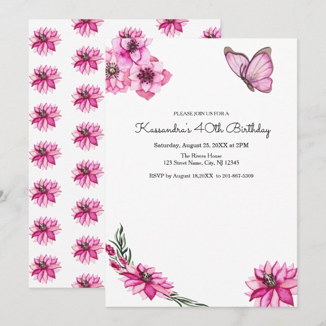 Invitación Cumpleaños rosado de las flores y de la mariposa (Anverso / Reverso)