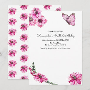 Invitación Cumpleaños rosado de las flores y de la mariposa