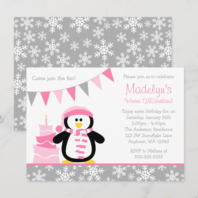 Invitación Cumpleaños rosado de Onederland del invierno de (Anverso / Reverso)