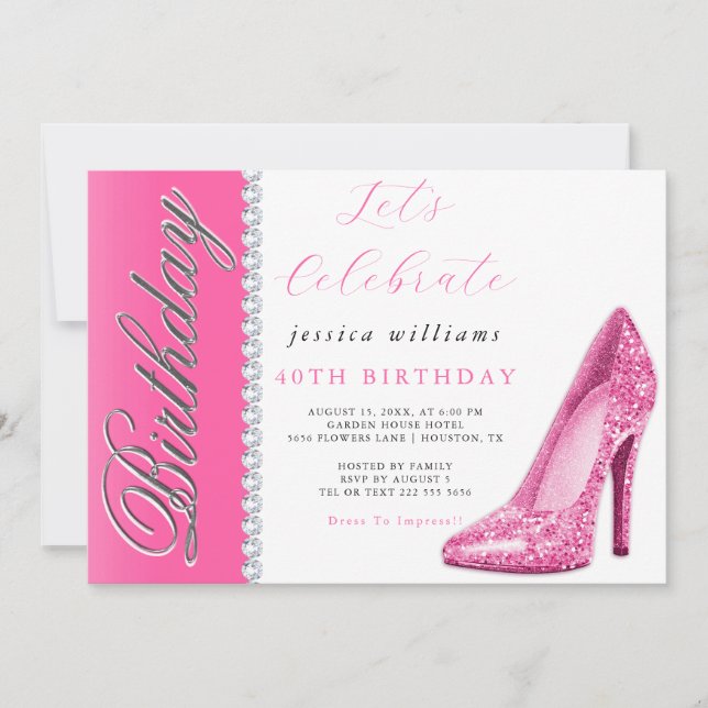 Invitación Cumpleaños rosado de Posh Stiletto & Diamonds (Anverso)