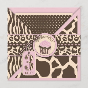 Invitación Cumpleaños rosado del estampado de animales y de