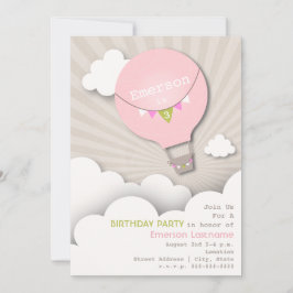 Invitación Cumpleaños rosado del globo del aire caliente y
