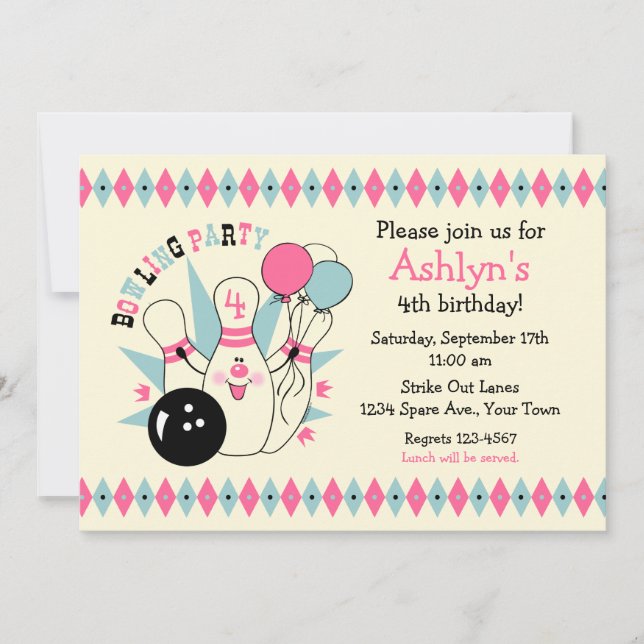 Invitación Cumpleaños rosado del Pin de bolos (Anverso)