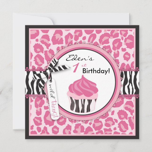 Invitación Cumpleaños rosado salvaje de la impresión y de la (Anverso)
