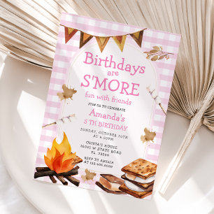 Invitación Cumpleaños Rosado son S'mores Fun Campfire Gingham