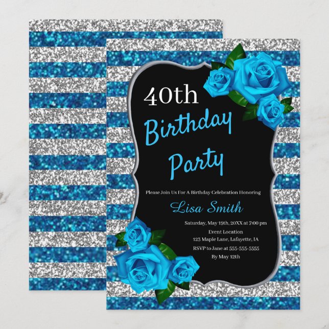 Invitación Cumpleaños Rosas Azules y Rayas Plateadas con Bril (Anverso / Reverso)