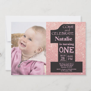 Invitación Cumpleaños Rose Gold Glitter y Foto Rosa